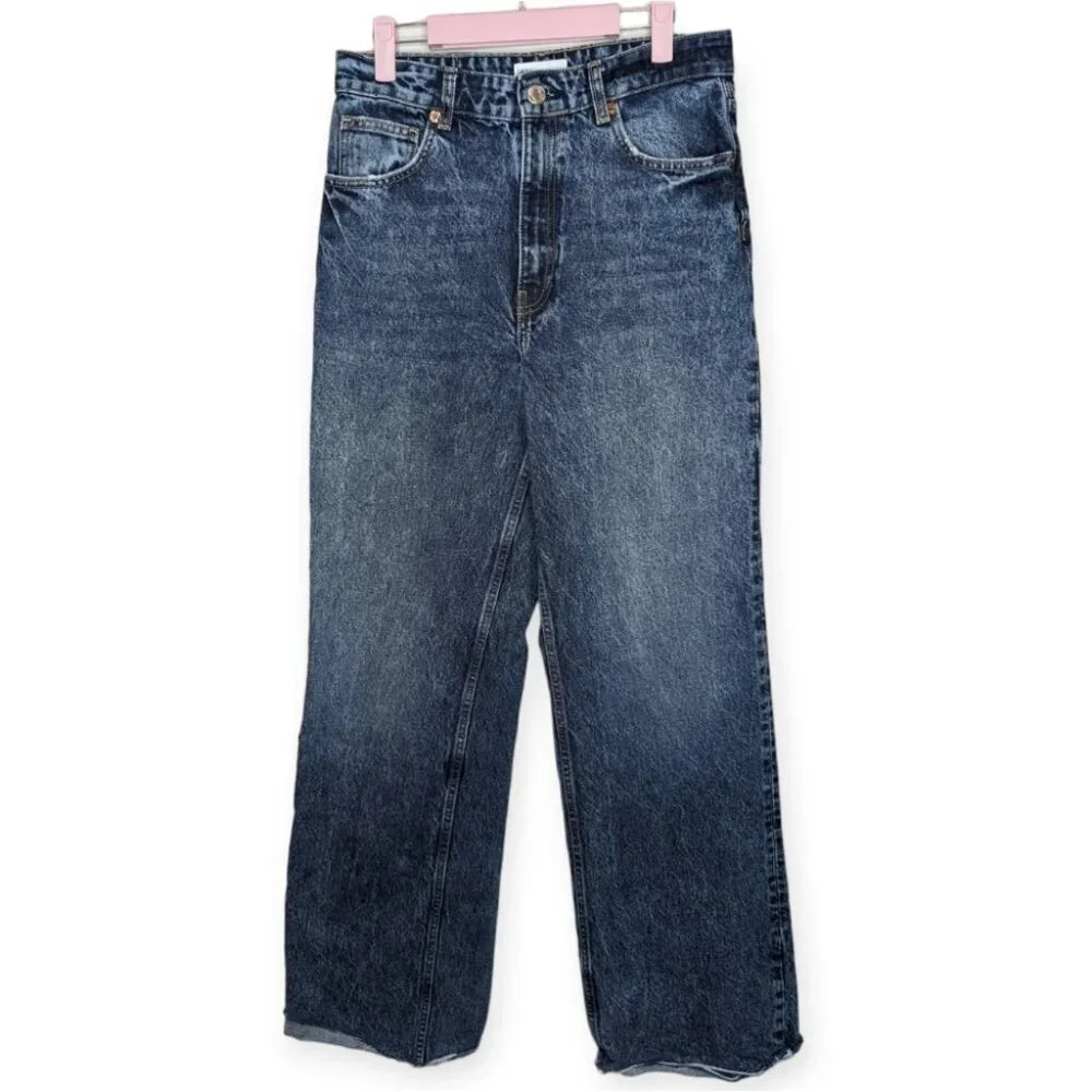 ZARA Straight Leg High Rise Destressed Blue Denim Women Eur 40 USA 08